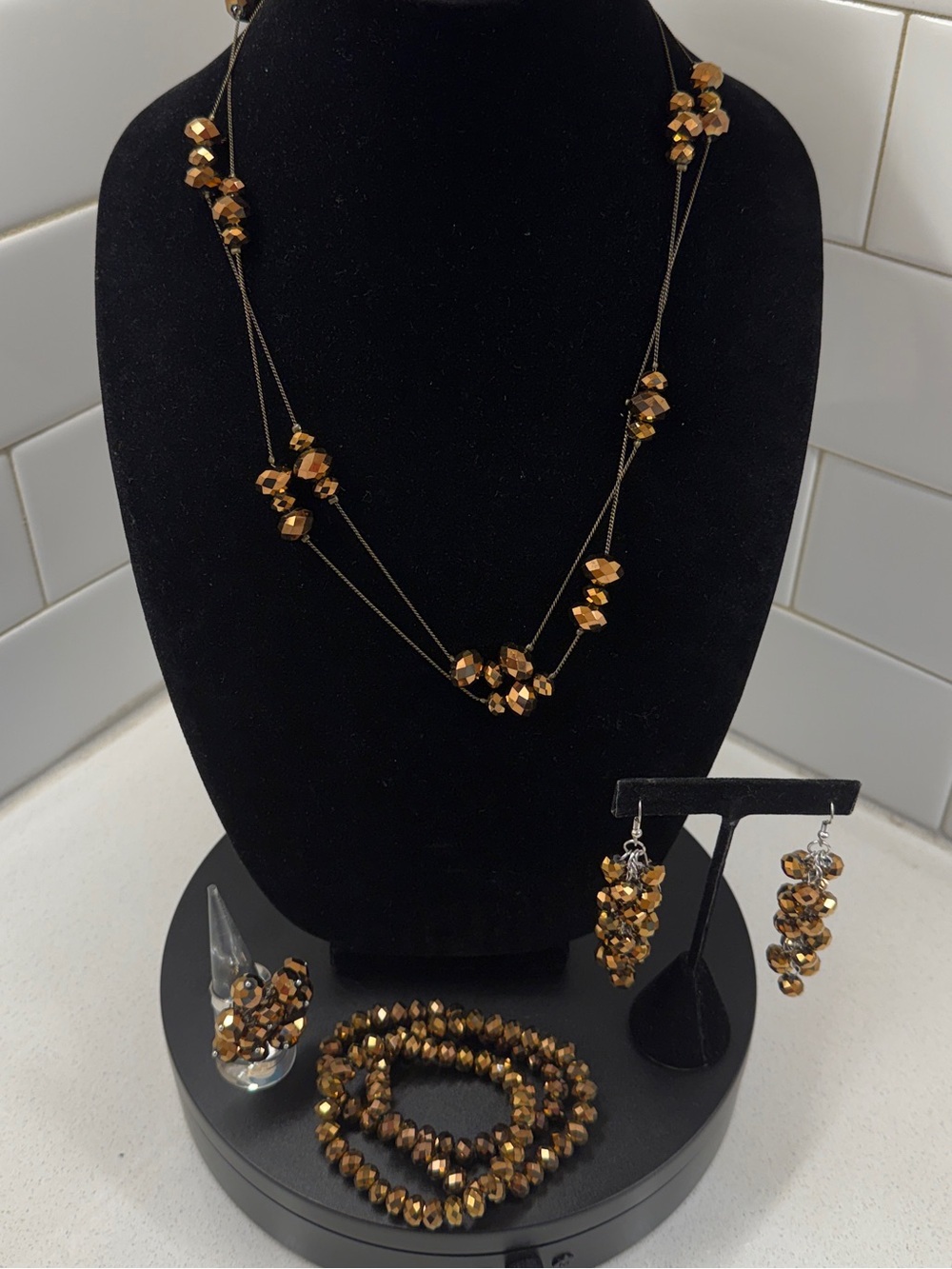 Gold Faceted Bead Necklace, Bracelet & Earring Set